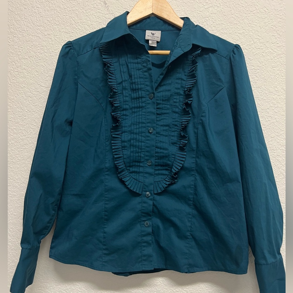*Worthington Women’s Stretch Button Down Teal Ruffled Blouse M